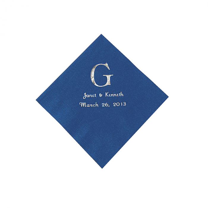 Blue Wedding Monogram Personalized Napkins with Silver Foil - Beverage (50 Piece(s))