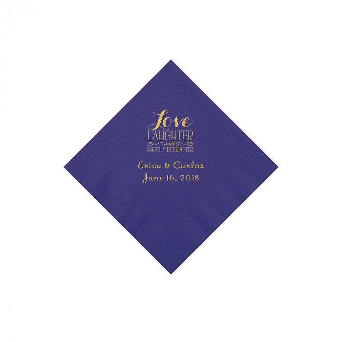 Purple Love Laughter & Happily Ever After Personalized Napkins with Gold Foil - Beverage (50 Piece(s))