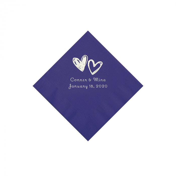 Purple Hearts Personalized Napkins with Silver Foil - Beverage (50 Piece(s))