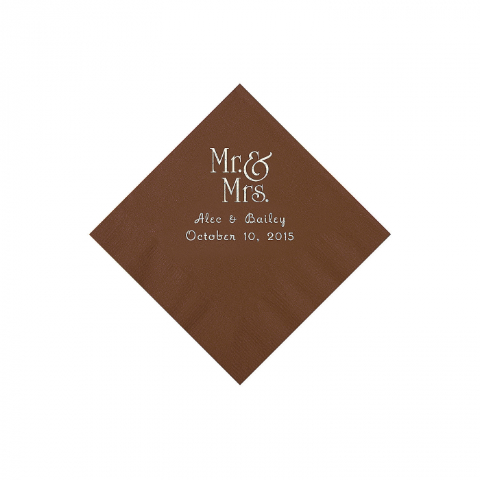 Chocolate Brown Mr. & Mrs. Personalized Napkins with Silver Foil - Beverage (50 Piece(s))