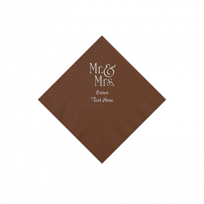 Chocolate Brown Mr. & Mrs. Personalized Napkins with Silver Foil - Beverage (50 Piece(s))