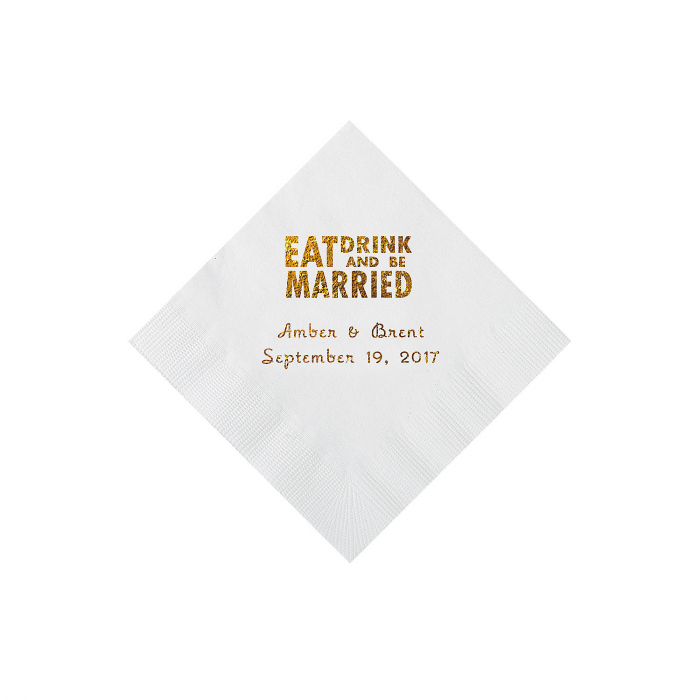 White Eat Drink & Be Married Personalized Napkins with Gold Foil - Beverage (50 Piece(s))