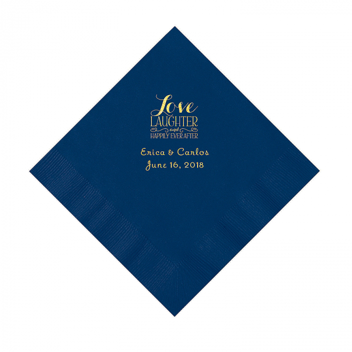 Navy Love Laughter & Happily Ever After Personalized Napkins with Gold Foil - Luncheon (50 Piece(s))