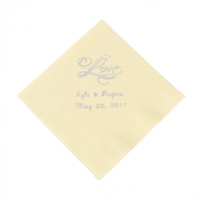Ivory Love Personalized Napkins with Silver Foil - Beverage (50 Piece(s))