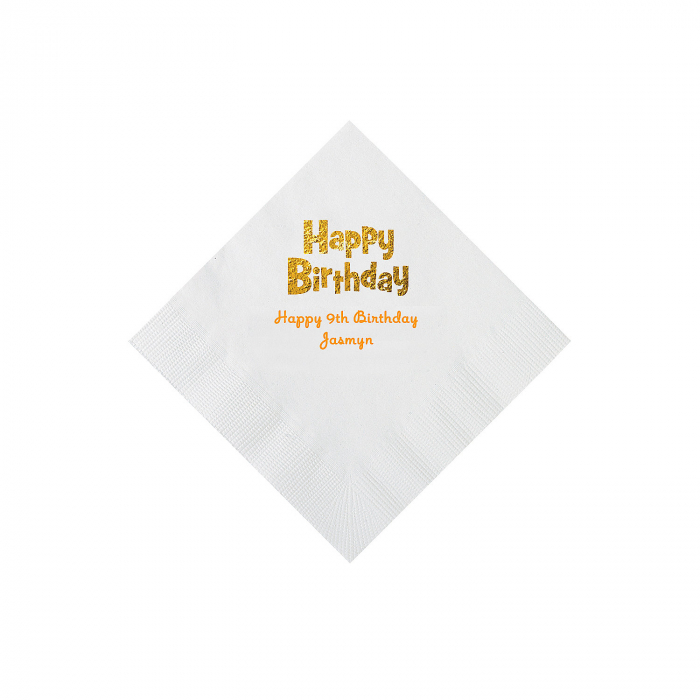 White Personalized Birthday Napkins with Gold Foil - Beverage (50 Piece(s))