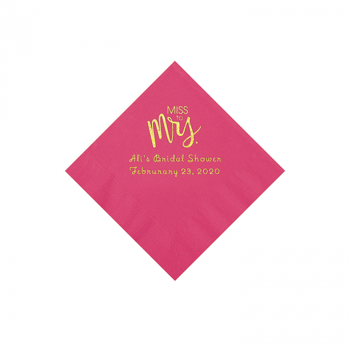 Hot Pink Miss to Mrs. Personalized Napkins with Gold Foil - Beverage (50 Piece(s))