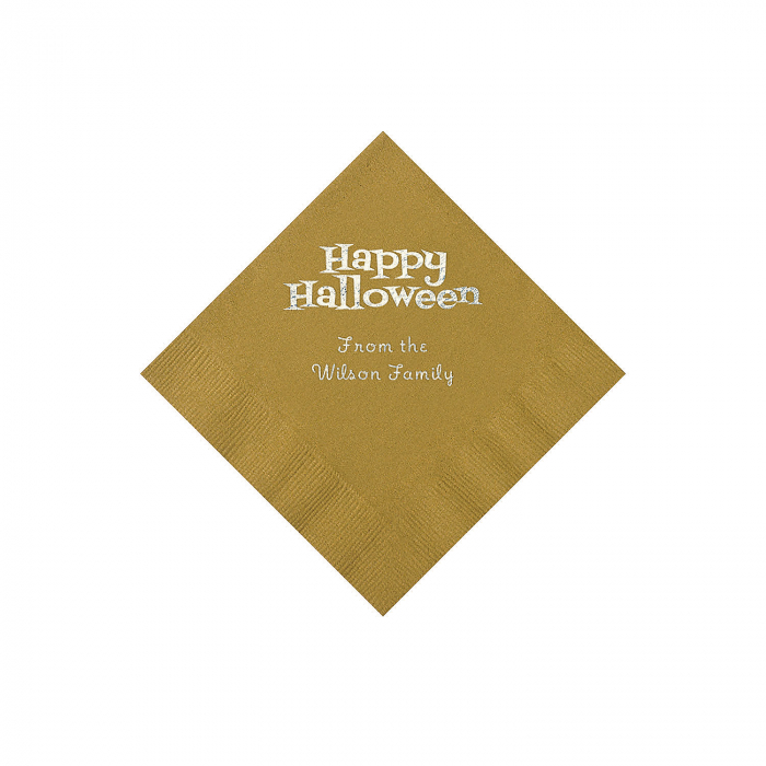 Gold Happy Halloween Personalized Napkins with Silver Foil - Beverage (50 Piece(s))