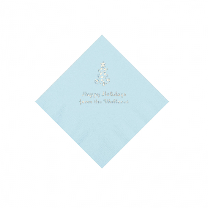 Light Blue Christmas Tree Personalized Napkins with Silver Foil  Beverage (50 Piece(s))