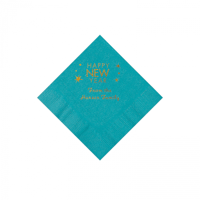 Turquoise Happy New Year Personalized Napkins with Gold Foil - Beverage (50 Piece(s))