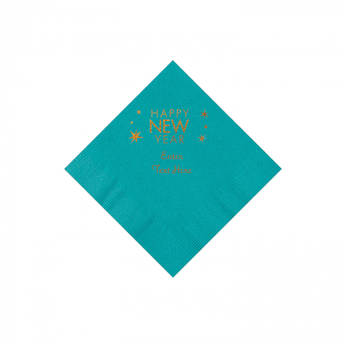 Turquoise Happy New Year Personalized Napkins with Gold Foil - Beverage (50 Piece(s))