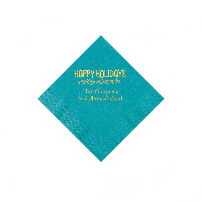 Turquoise Happy Holidays Personalized Napkins with Gold Foil  Beverage (50 Piece(s))