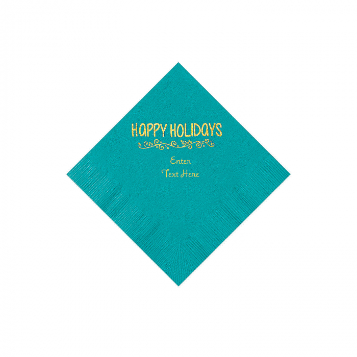 Turquoise Happy Holidays Personalized Napkins with Gold Foil  Beverage (50 Piece(s))