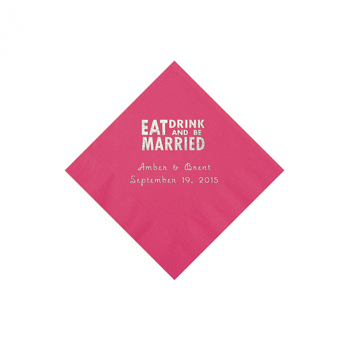 Hot Pink Eat, Drink And Be Married Napkins with Silver Foil - Beverage (50 Piece(s))