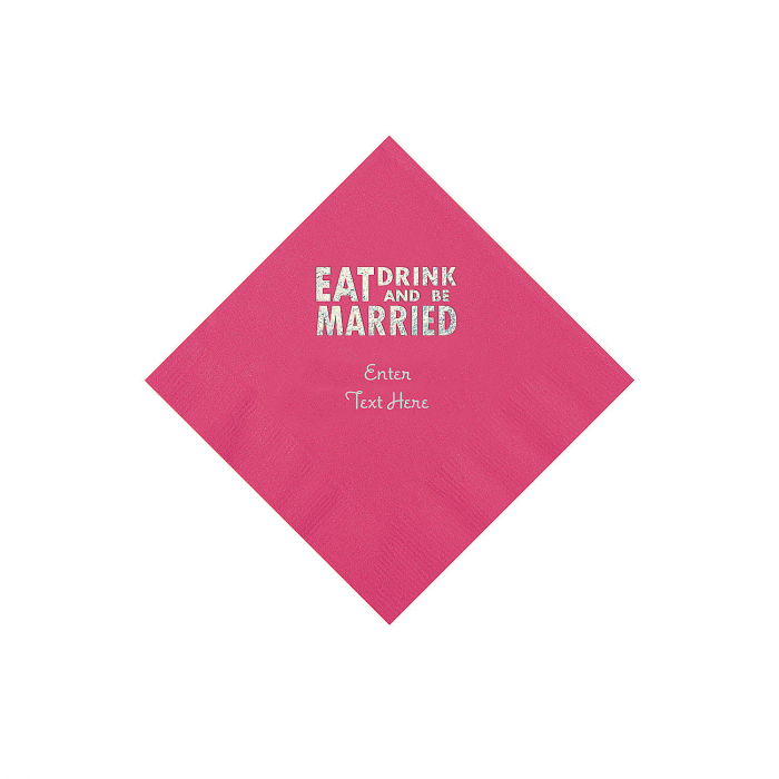 Hot Pink Eat, Drink And Be Married Napkins with Silver Foil - Beverage (50 Piece(s))