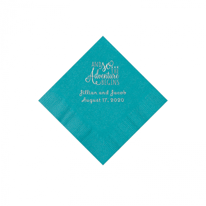 Turquoise The Adventure Begins Personalized Napkins with Silver Foil - Beverage (50 Piece(s))