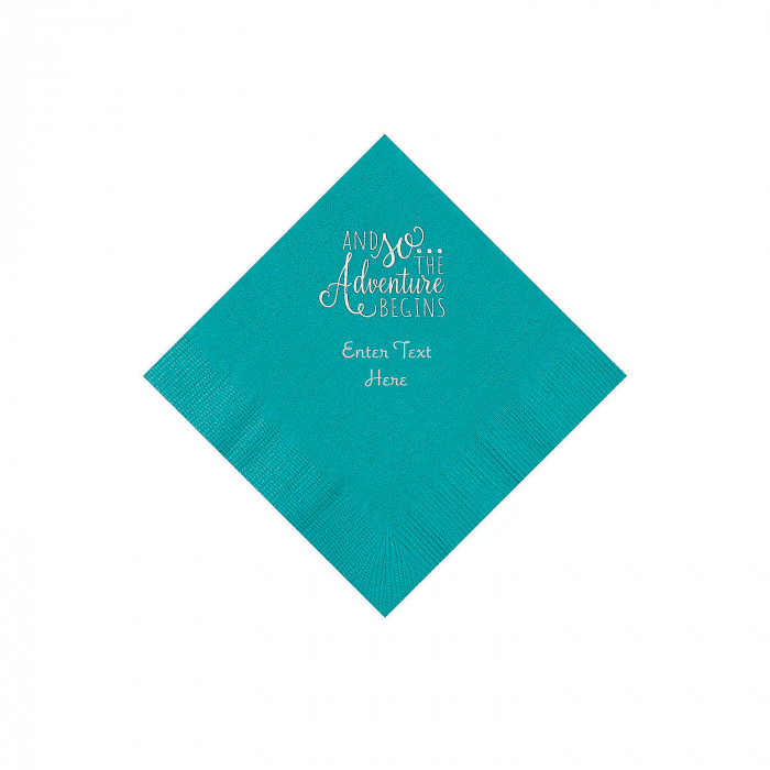 Turquoise The Adventure Begins Personalized Napkins with Silver Foil - Beverage (50 Piece(s))