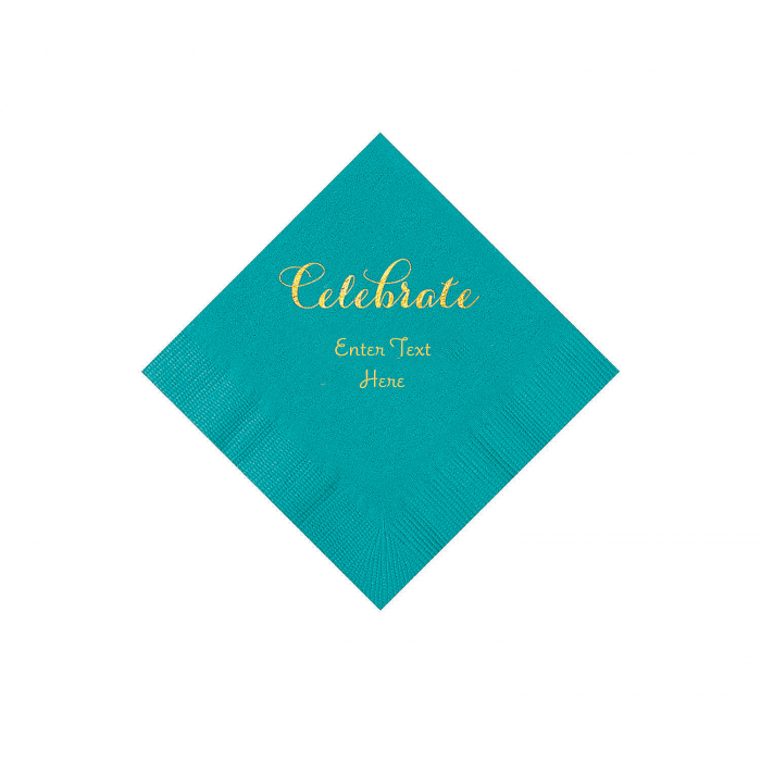 Turquoise Celebrate Personalized Napkins with Gold Foil - Beverage (50 Piece(s))
