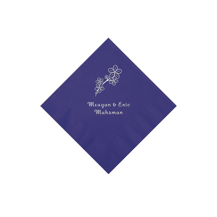 Purple Blossom Branch Personalized Napkins with Silver Foil - Beverage (50 Piece(s))