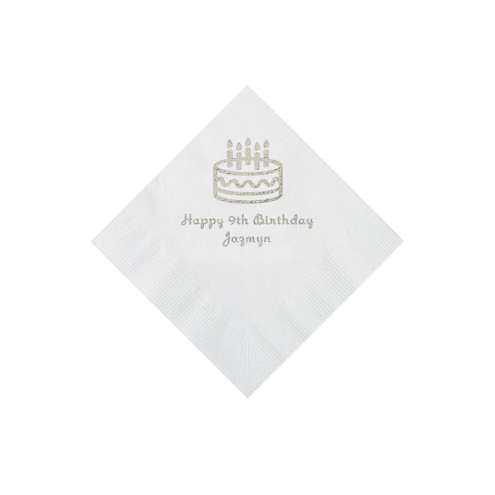 White Birthday Cake Personalized Napkins with Silver Foil - Beverage (50 Piece(s))