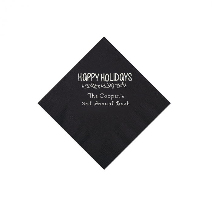 Black Happy Holidays Personalized Napkins with Silver Foil  Beverage (50 Piece(s))