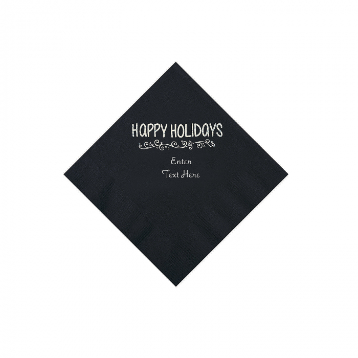 Black Happy Holidays Personalized Napkins with Silver Foil  Beverage (50 Piece(s))