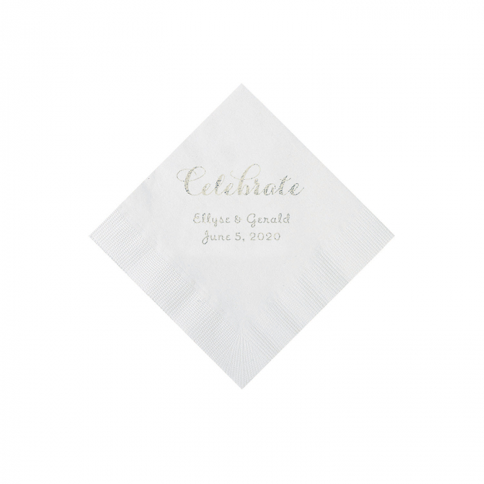 White Celebrate Personalized Napkins with Silver Foil - Beverage (50 Piece(s))