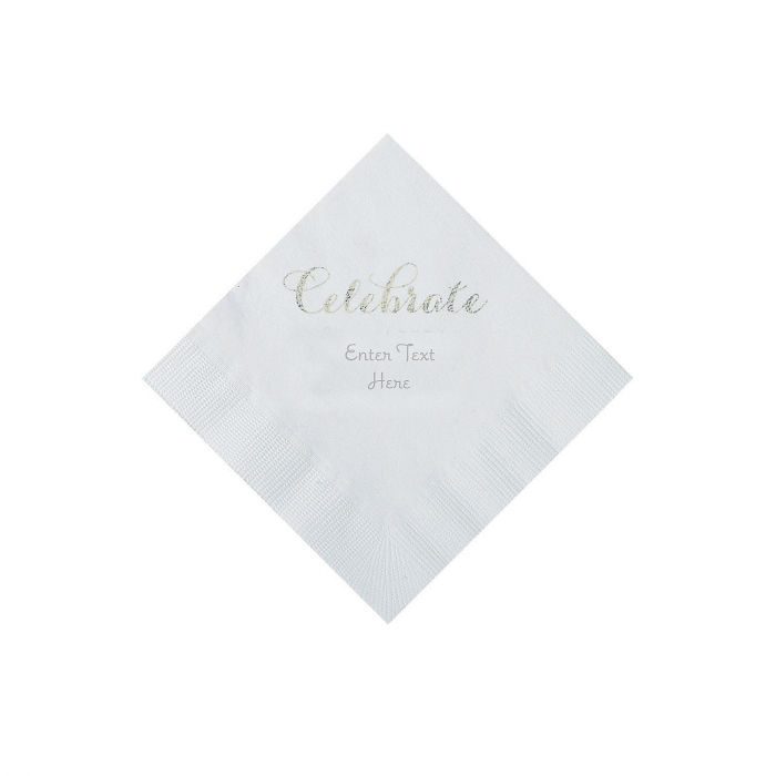 White Celebrate Personalized Napkins with Silver Foil - Beverage (50 Piece(s))