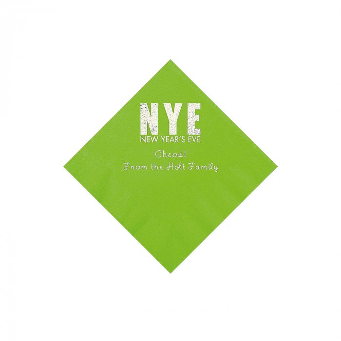 Lime Green New Year's Eve Personalized Napkins with Silver Foil - Beverage (50 Piece(s))