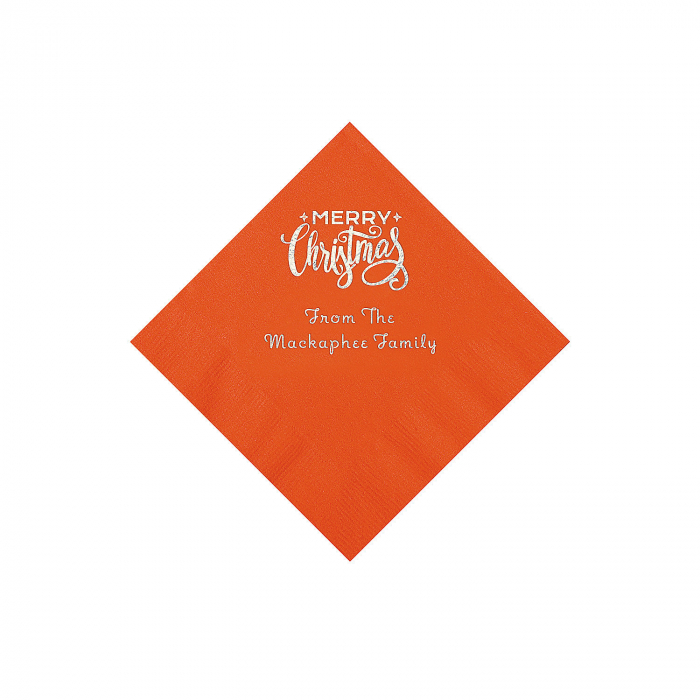 Orange Merry Christmas Personalized Napkins with Silver Foil - Beverage (50 Piece(s))