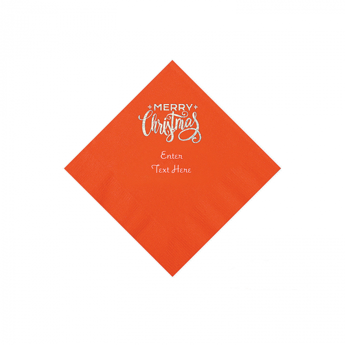 Orange Merry Christmas Personalized Napkins with Silver Foil - Beverage (50 Piece(s))