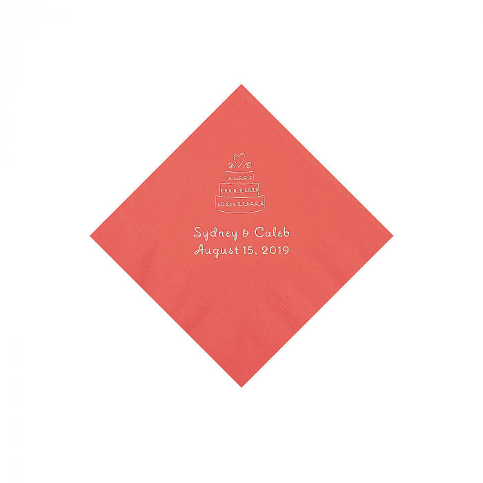 Coral Wedding Cake Personalized Napkins with Silver Foil - Beverage (50 Piece(s))