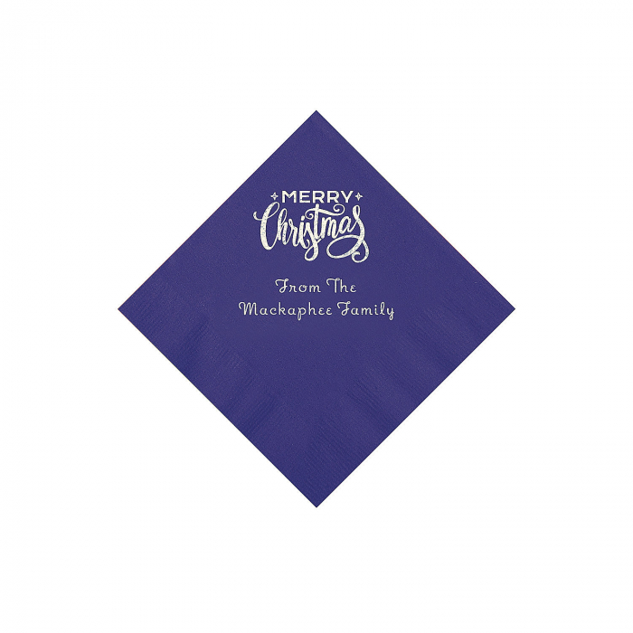 Purple Merry Christmas Personalized Napkins with Silver Foil - Beverage (50 Piece(s))