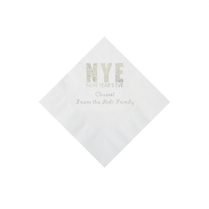White New Year's Eve Personalized Napkins with Silver Foil - Beverage (50 Piece(s))