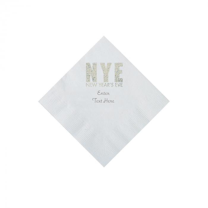 White New Year's Eve Personalized Napkins with Silver Foil - Beverage (50 Piece(s))