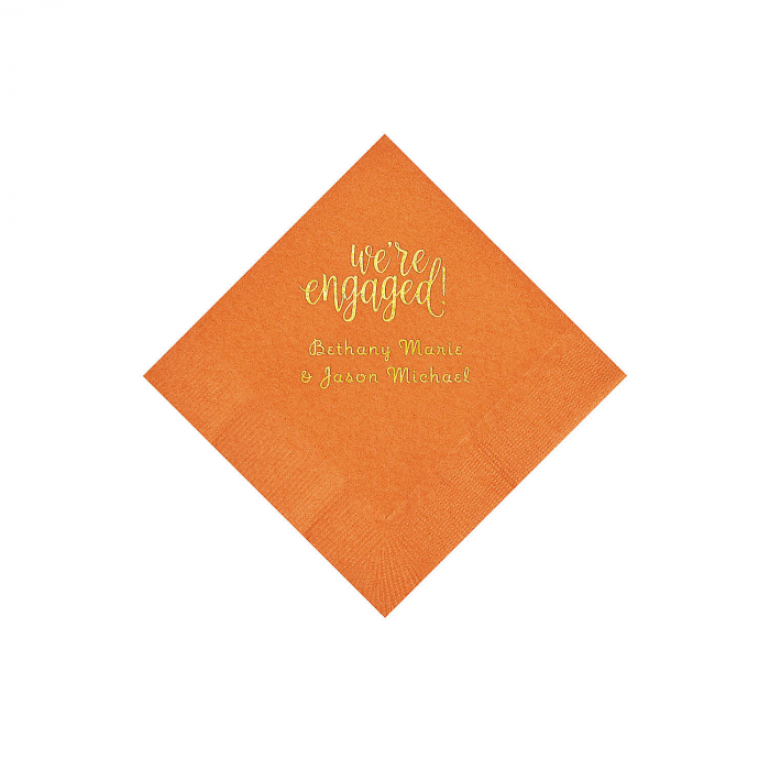Pumpkin Orange Engaged Personalized Napkins with Gold Foil - Beverage (50 Piece(s))