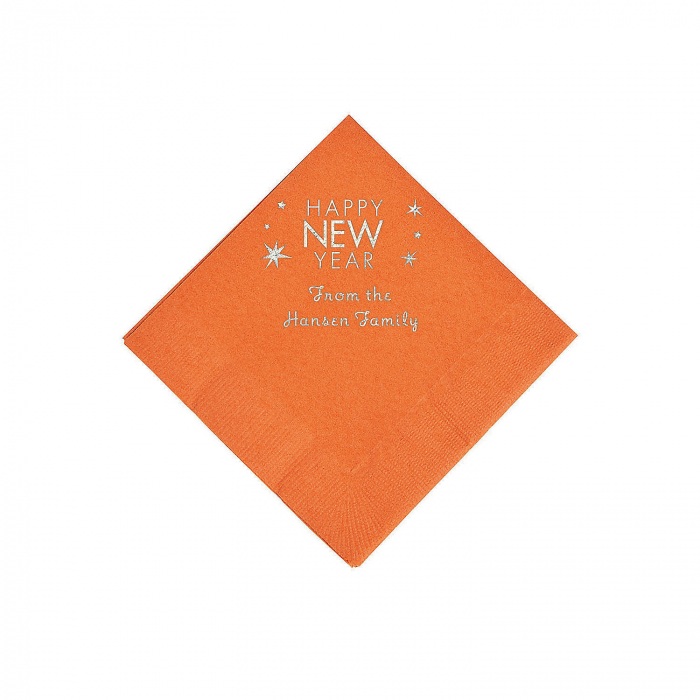 Pumpkin Orange Happy New Year Personalized Napkins with Silver Foil - Beverage (50 Piece(s))