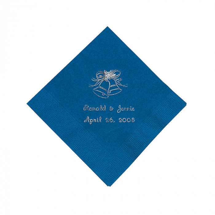 Blue Wedding Bell Personalized Napkins with Silver Foil - Beverage (50 Piece(s))