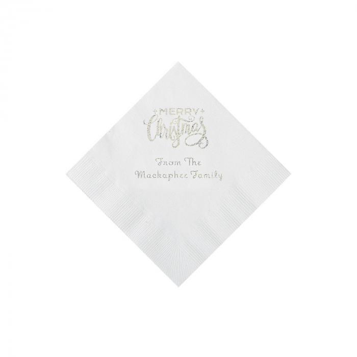 White Merry Christmas Personalized Napkins with Silver Foil - Beverage (50 Piece(s))