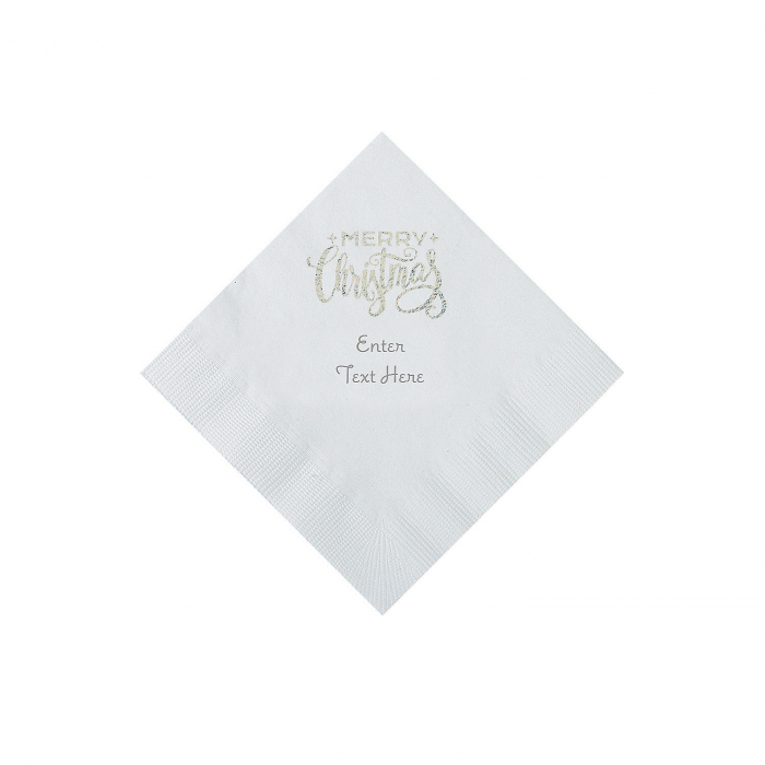White Merry Christmas Personalized Napkins with Silver Foil - Beverage (50 Piece(s))