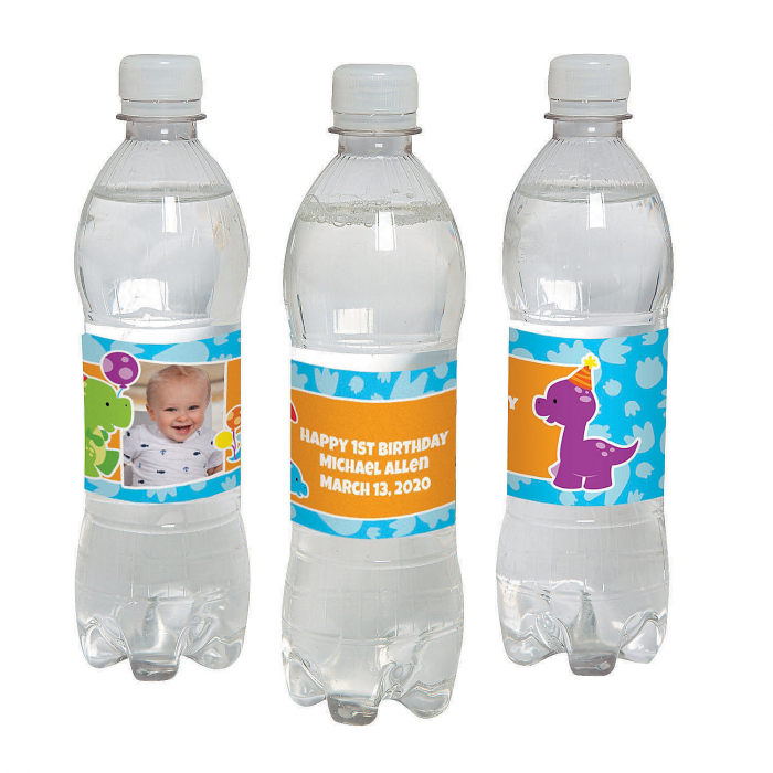 Custom Photo 1st Birthday Dinosaur Water Bottle Labels (25 Piece(s))