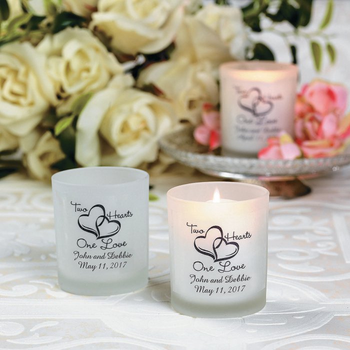 Personalized Two Hearts One Love Wedding Votive Candle Holders (Per Dozen)