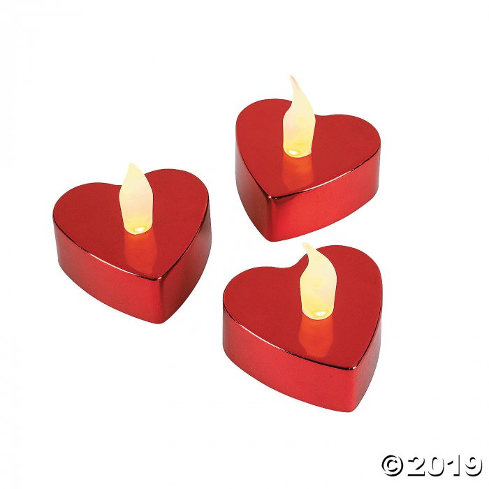 Red Metallic Heart-Shaped Battery-Operated Tea Light Candles (Per Dozen)