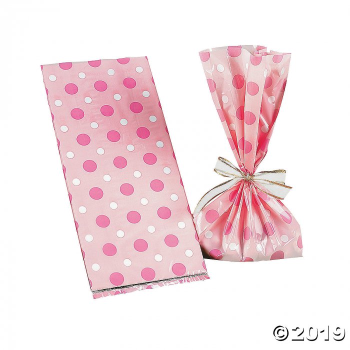 Pink Polka Dot Cellophane Bags (Per Dozen)