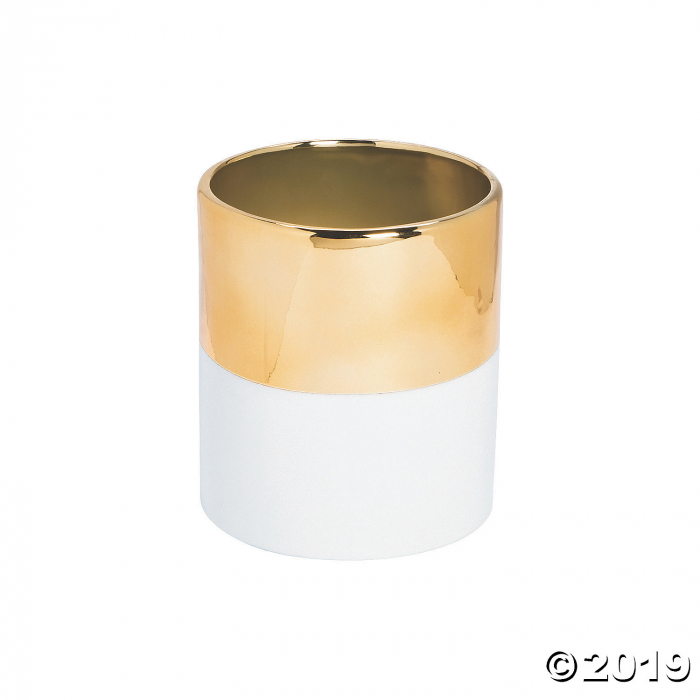 Wide White Ceramic Vase with Gold Trim (1 Piece(s))