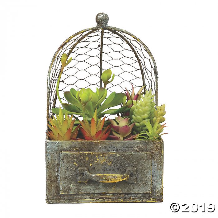 Vickerman 10" Artificial Green Assorted Succulents in Rustic Metal Container and Cage (1 Piece(s))