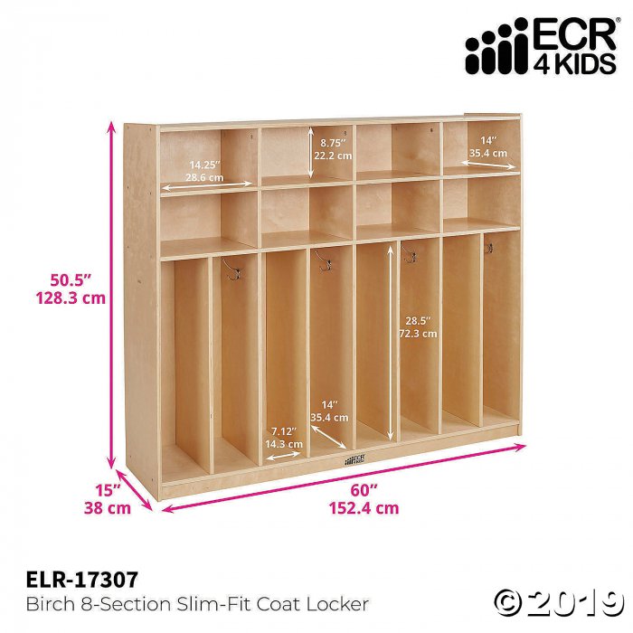 60 Wide ECR4Kids Birch 8-Section Slim-Fit School Coat Locker with Hooks and Storage for Kids