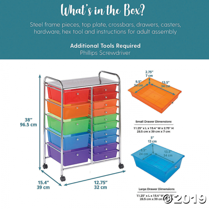 ECR4Kids 15-Drawer Mobile Organizer, Assorted Colors (1 Unit(s))