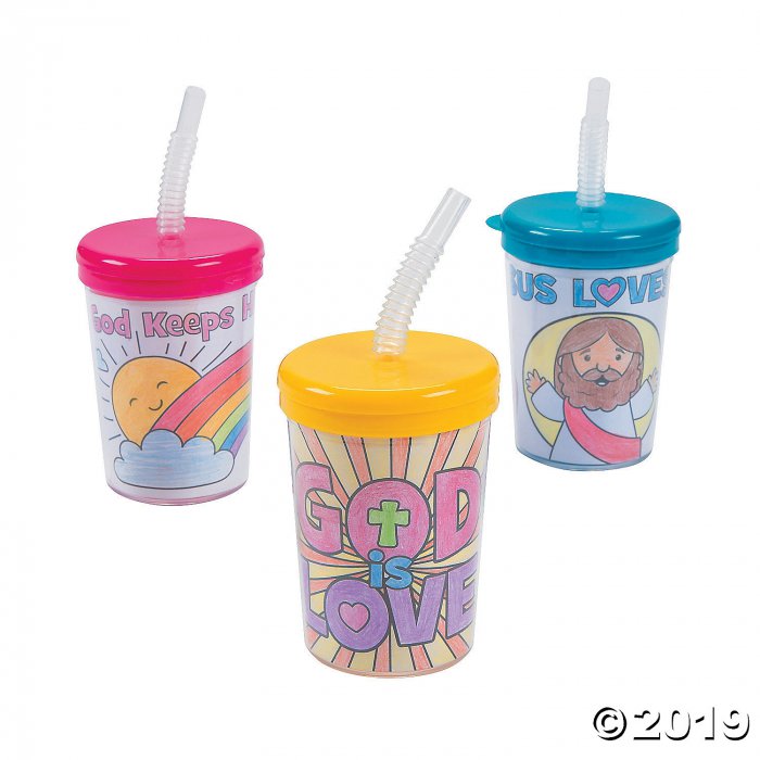 Color Your Own Religious Cups with Lids & Straws (Per Dozen)