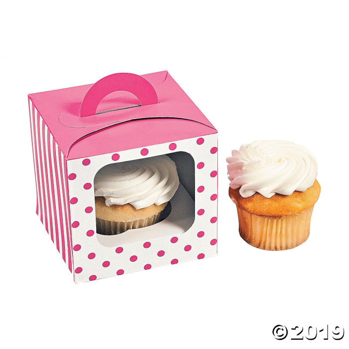 Candy Pink Polka Dot Cupcake Boxes with Handle (Per Dozen)