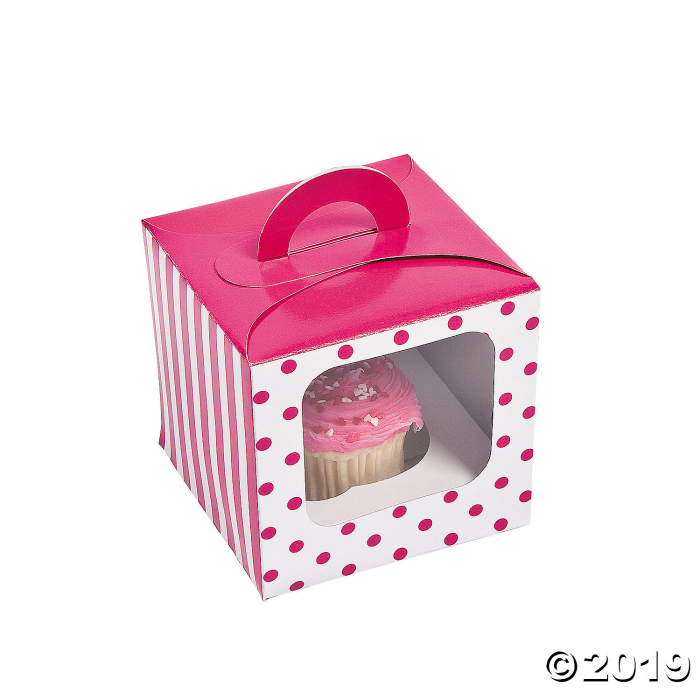 Hot Pink Polka Dot Cupcake Boxes with Handle (Per Dozen)